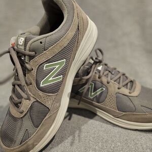 New Balance Men’s Taupe Suede & Mesh Sneakers with Green Logo